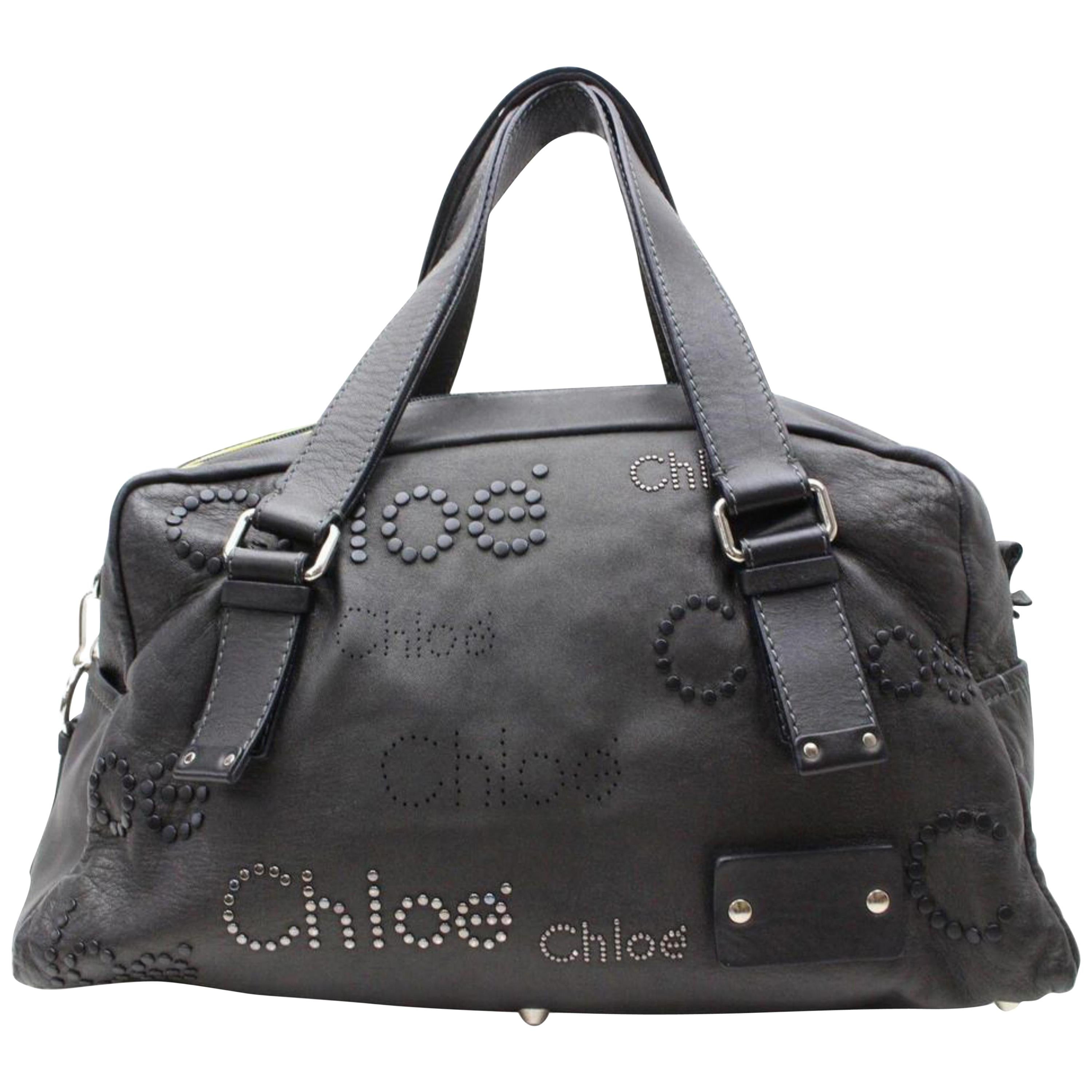 Chloé Studded Logo Boston Duffle 868209 Black Leather Weekend/Travel Bag For Sale