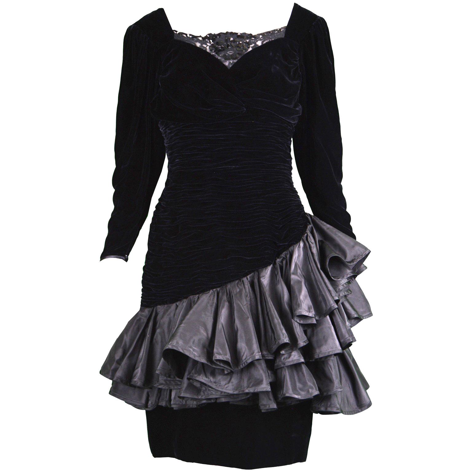Vintage 1980s Black Velvet and Lace Dress 80s Silk Burnout Velvet Taffeta Party Dress Medium Drop-waist Frock