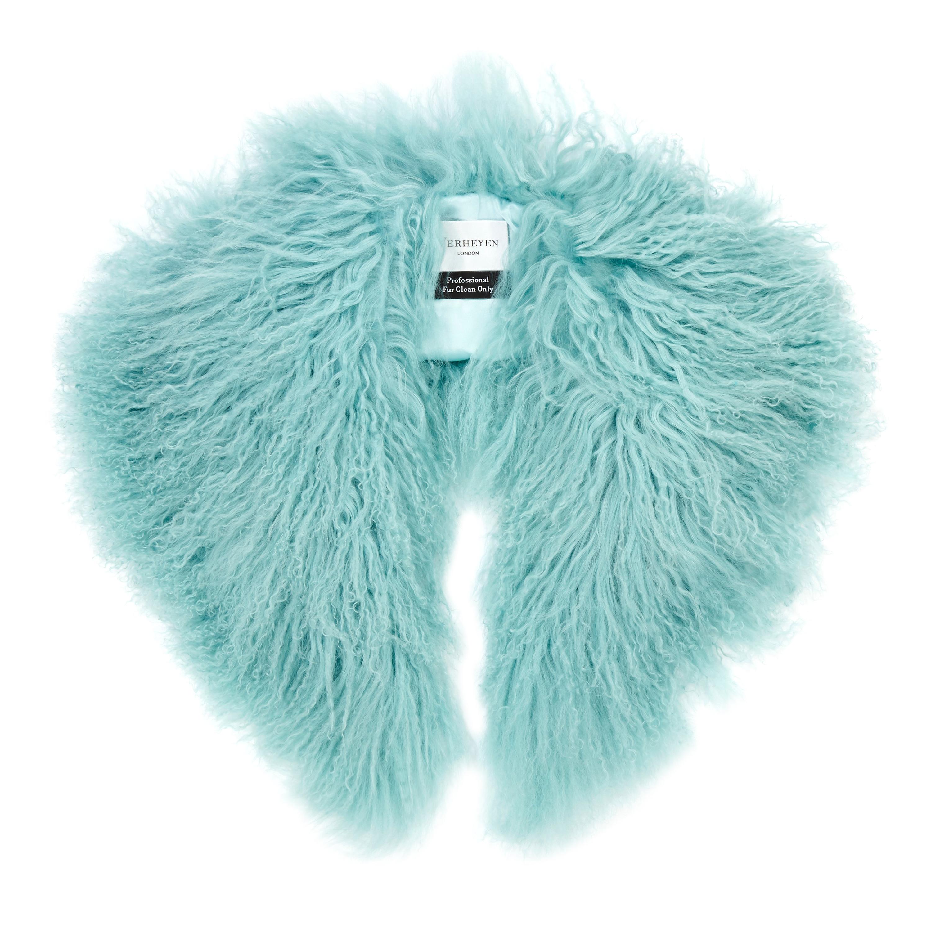 Verheyen London Shawl Collar in Aquamarine Blue Mongolian Lamb Fur  - Brand New 