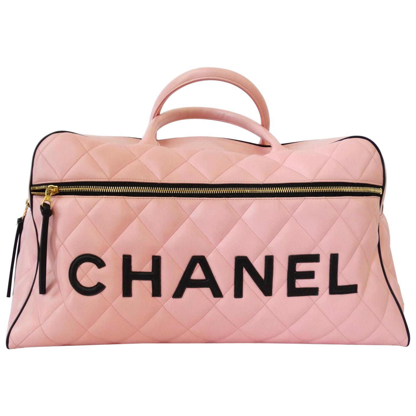 1990s Rare Chanel Black/Pink Quilted Leather Boston Duffle