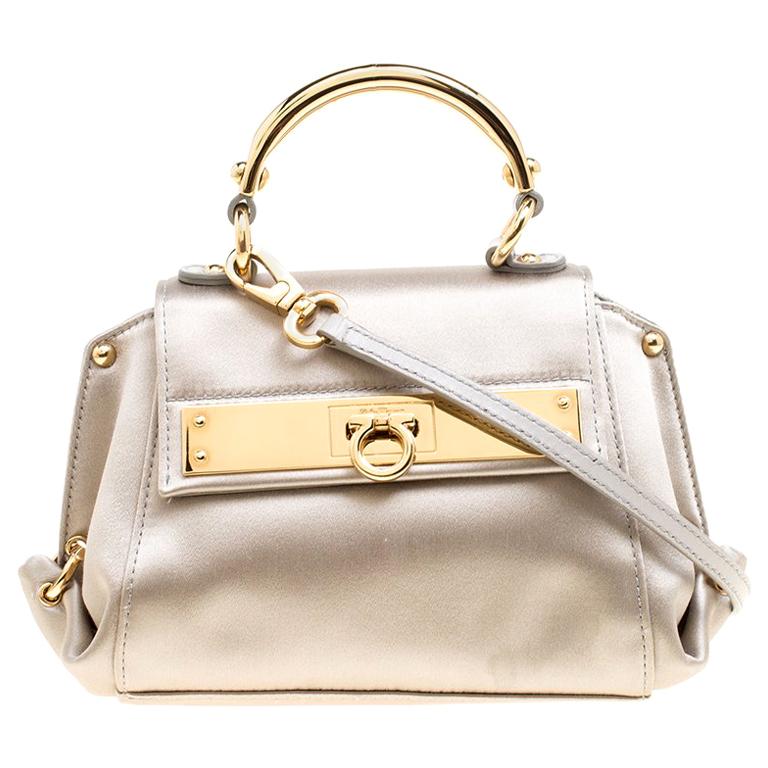 Salvatore Ferragamo Metallic Grey Satin Mini Sofia Crossbody Bag