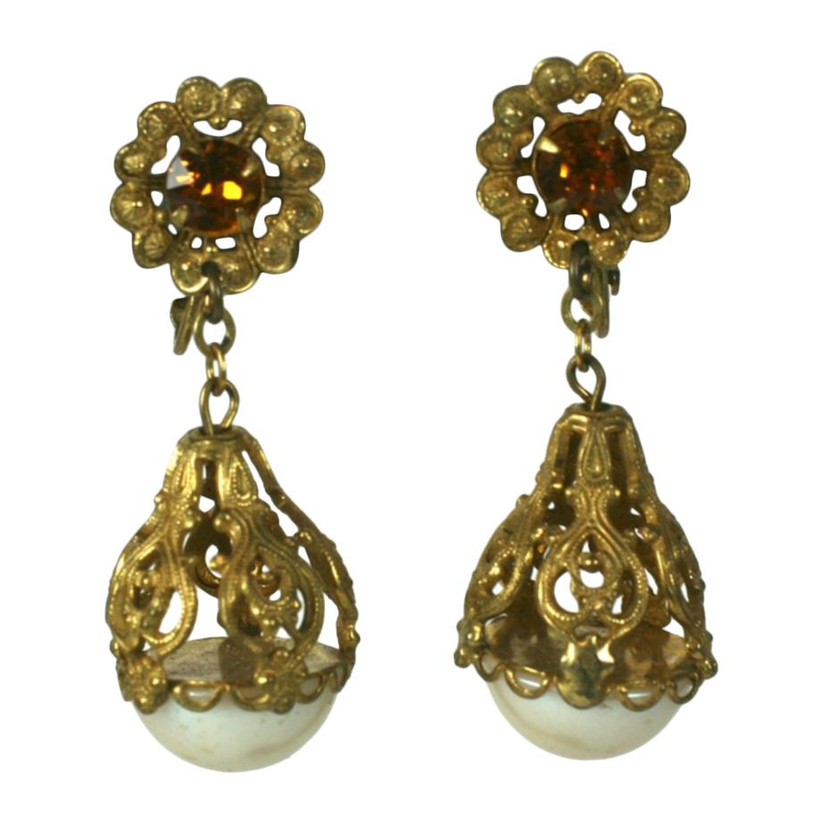 Miriam Haskell Filigree Pearl Drop Earrings