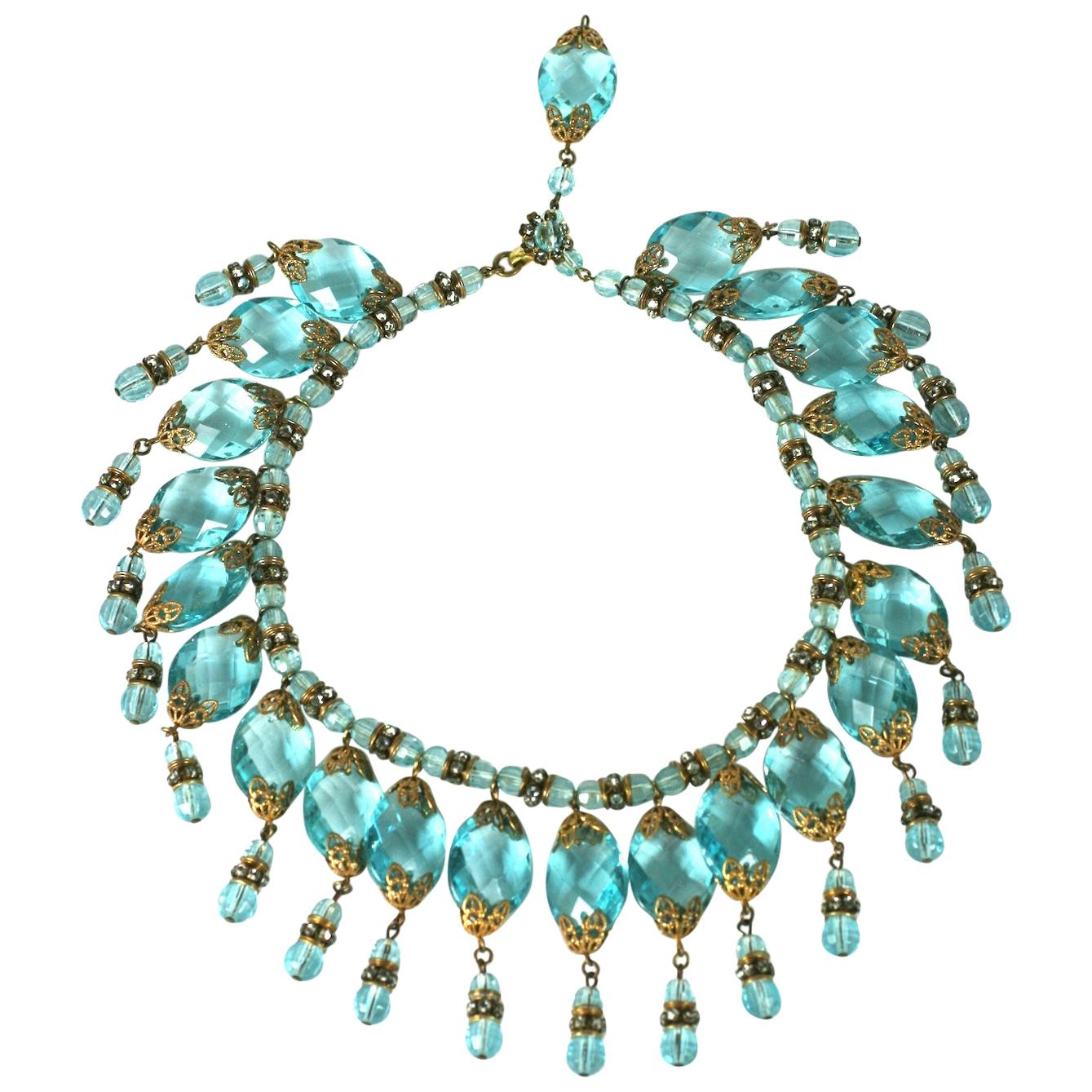 Miriam Haskell Aquamarine Crystal and Diamonte Drop Bib For Sale