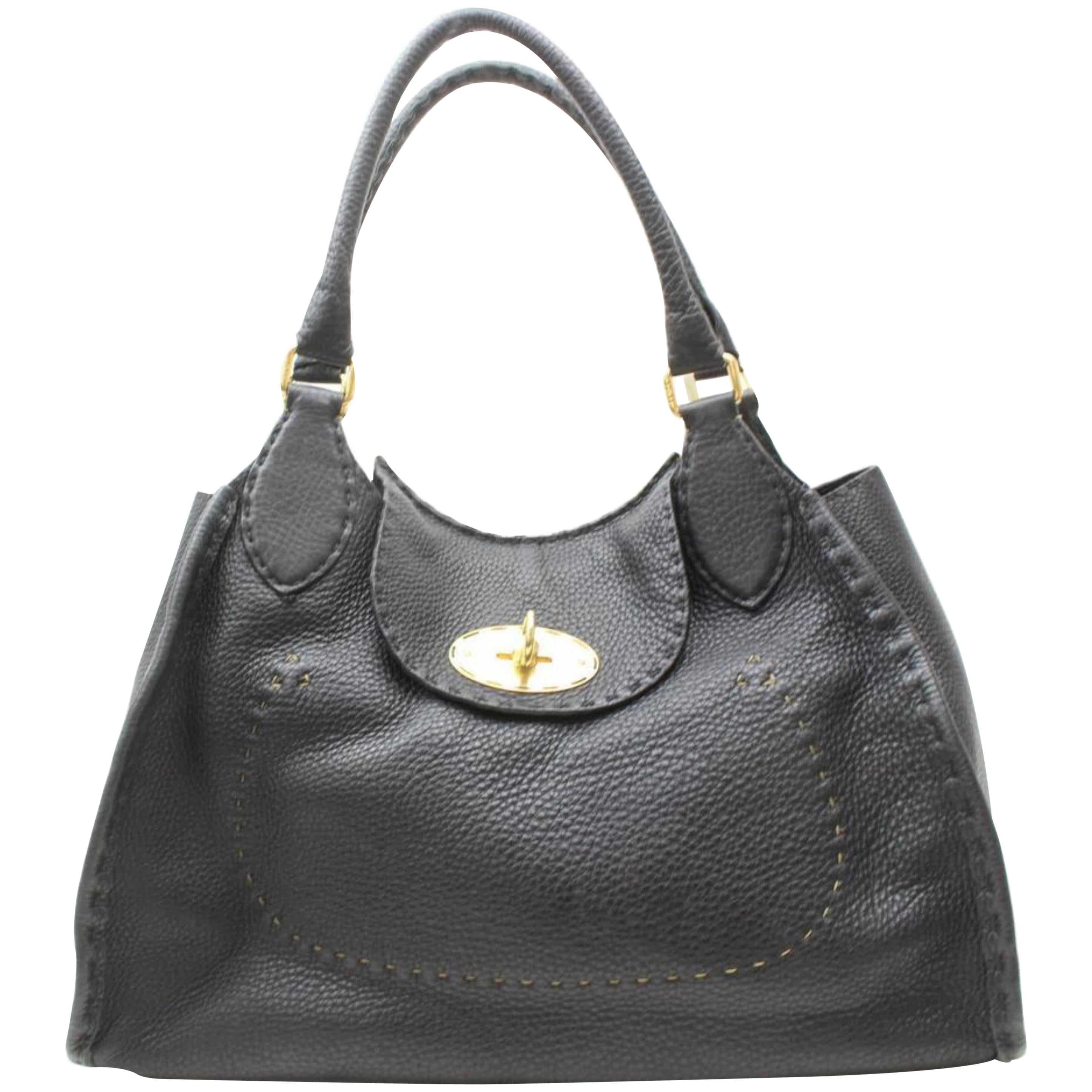 Fendi Selleria Turnlock 869639 Black Leather Shoulder Bag For Sale