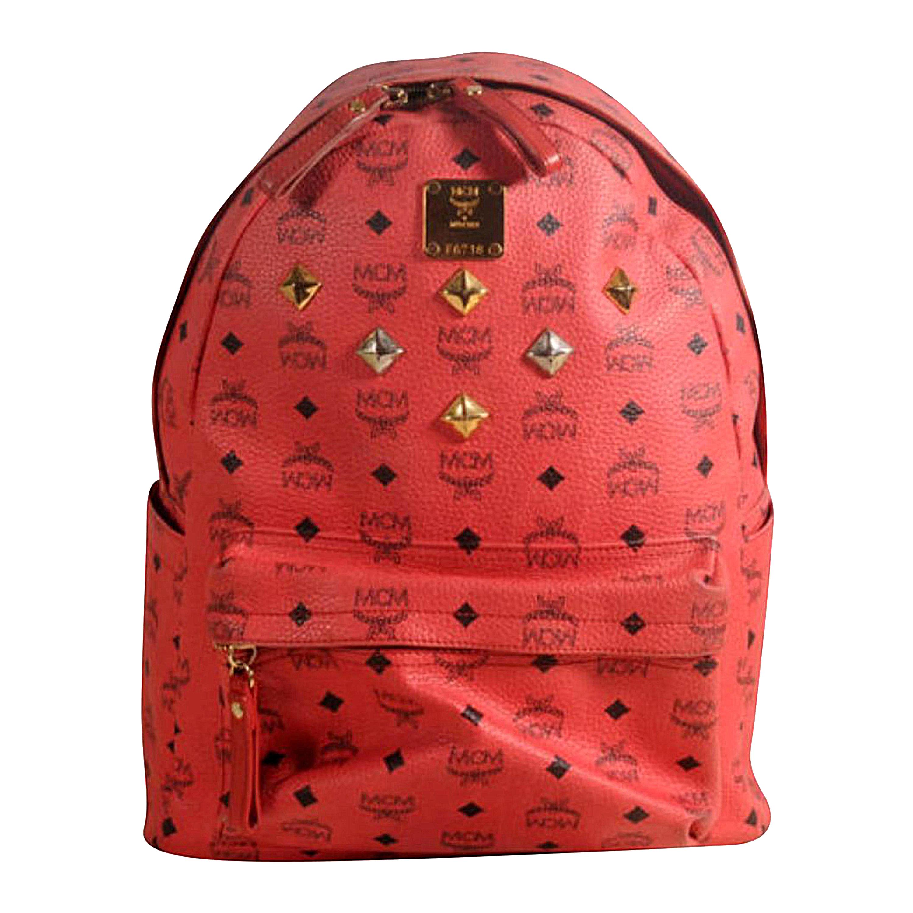 MCM Studded Medium Stark 868848 Red Coated Canvas Backpack For Sale