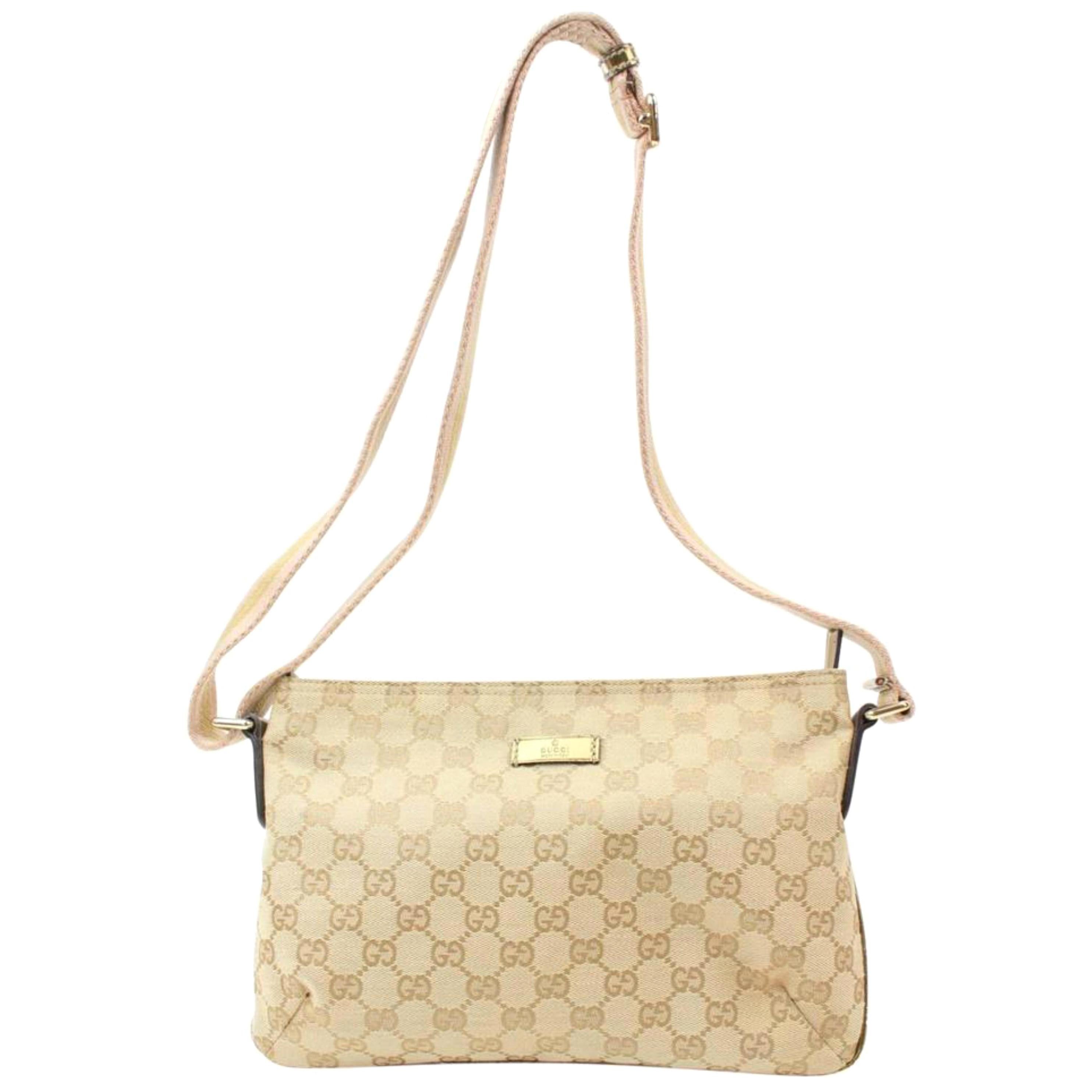 Gucci Sherry Pink Gold Monogram Gg Web Cross Body 868559 Beige Canvas Messenger  For Sale