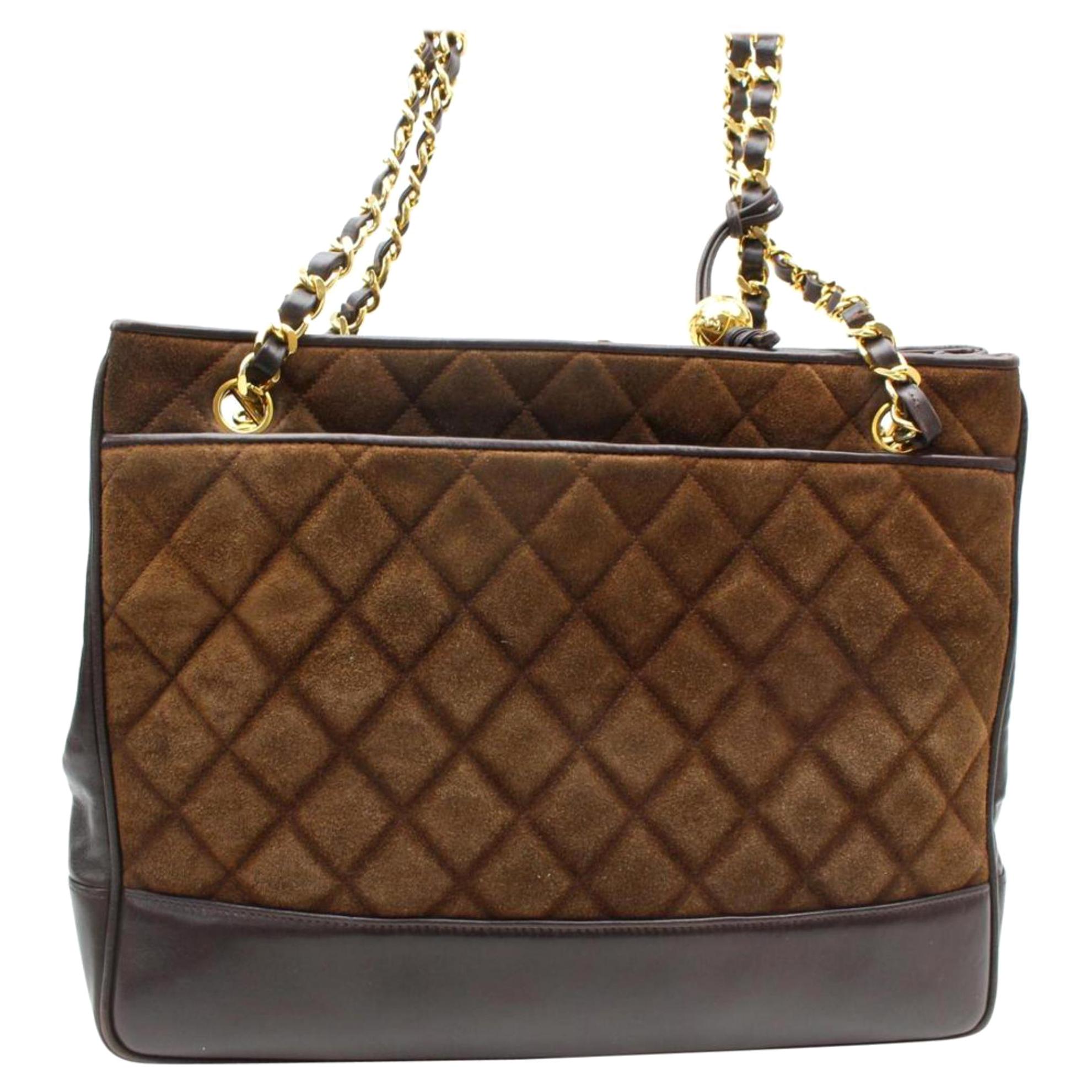 Chanel Quilted Chain Shopper Tote 869572 Brown Suede Leather Shoulder Bag For Sale
