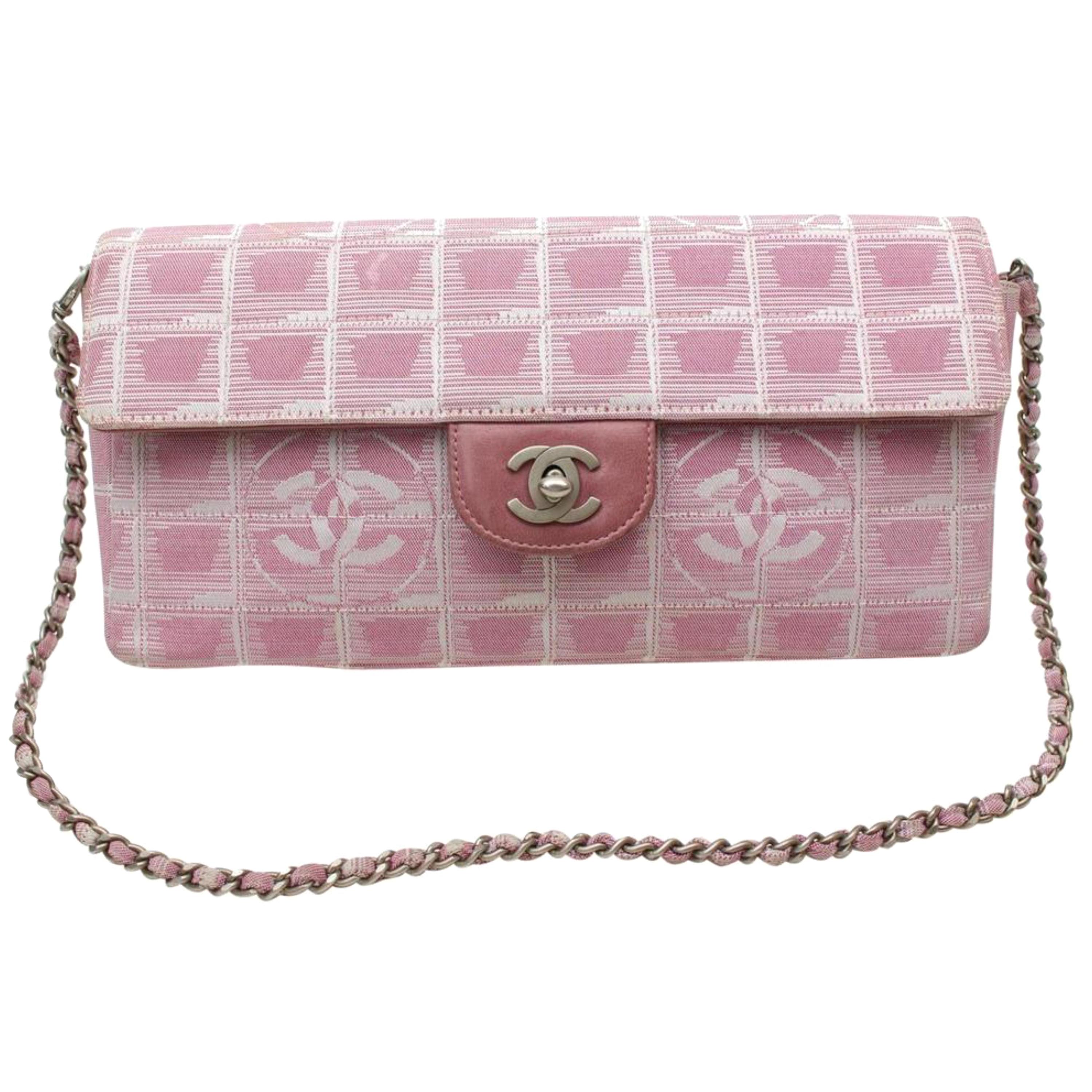 Chanel East West Chocolate Bar Chain Flap 869394 Pink Canvas Shoulder ...