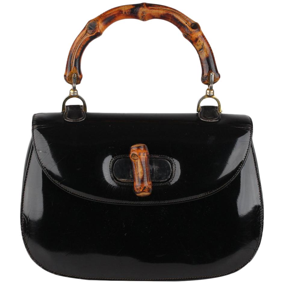 Gucci Vintage Black Patent Leather Bamboo Top Handle Bag