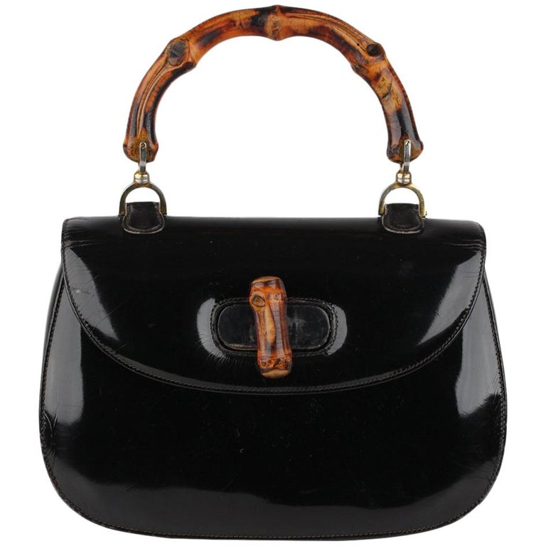 Gucci Vintage Black Patent Leather Bamboo Top Handle Bag For Sale at