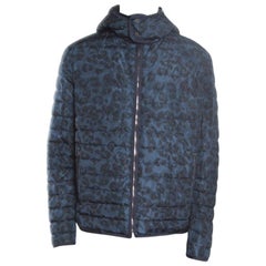 Salvatore Ferragamo Blue Camo Print Hooded Zip Front Quilted Down Jacket XXL