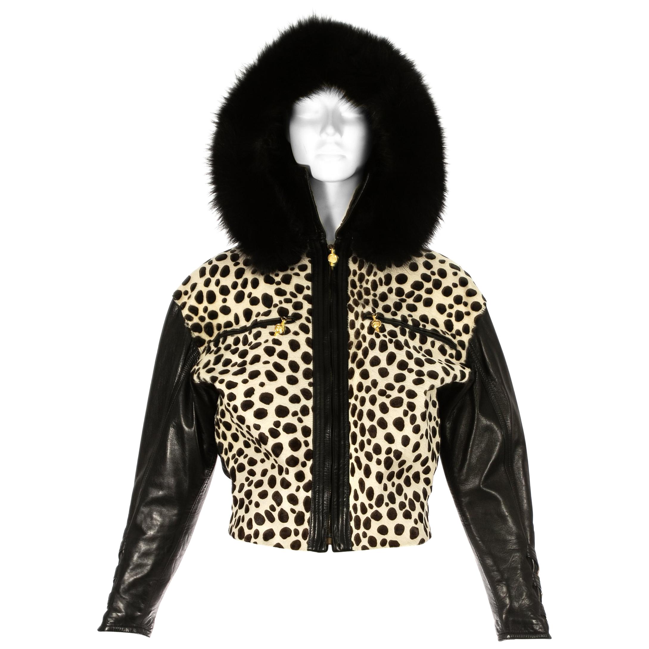 Gianni Versace black leather and pony hair bomber jacket with fur hood, AW 1992
