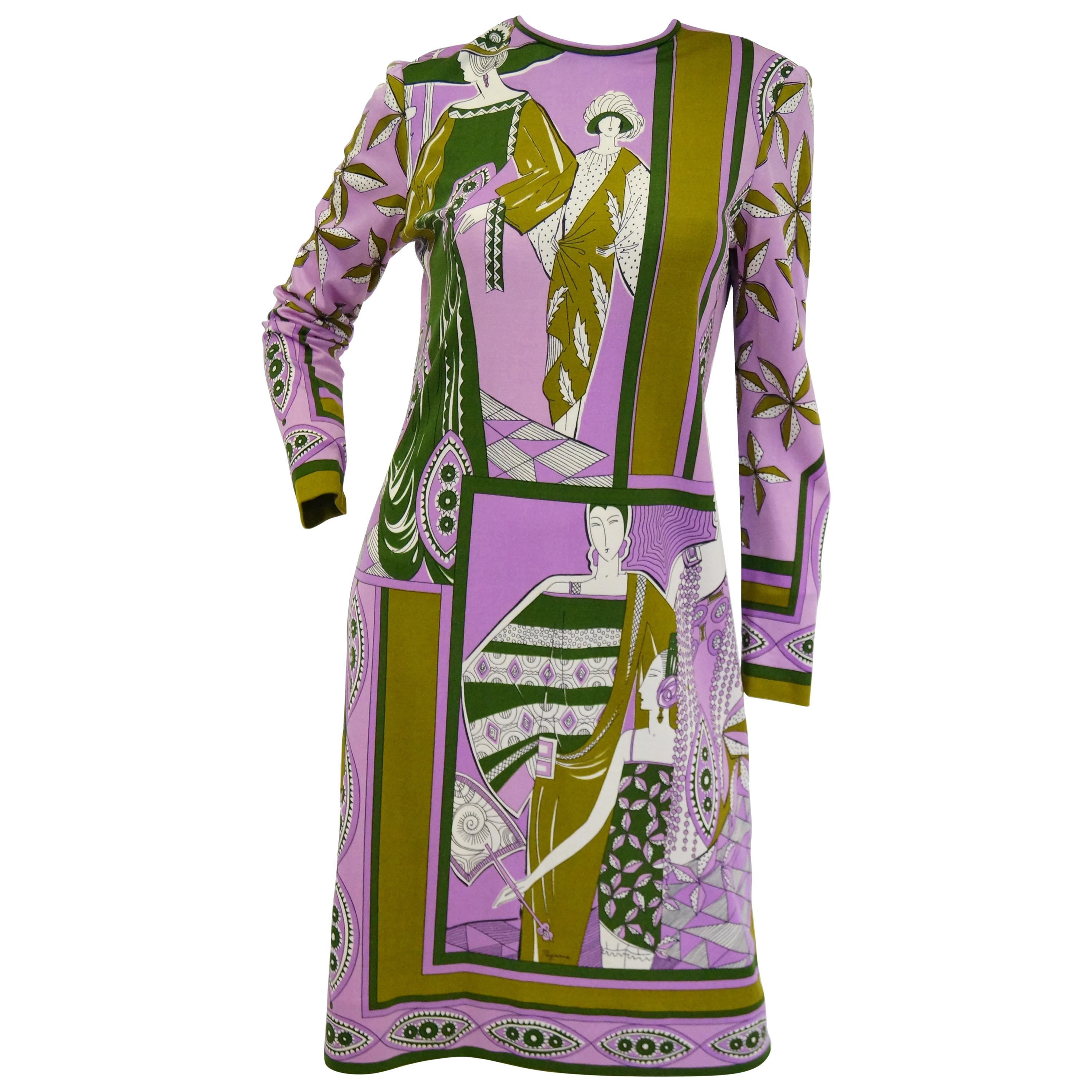  1960s Paganne Purple Art Deco Print Knit Dress