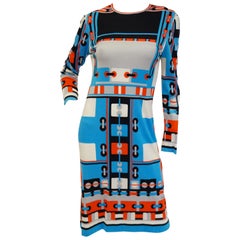 Retro 1960s Paganne Blue and Orange Geometric Graphic Knit Dress