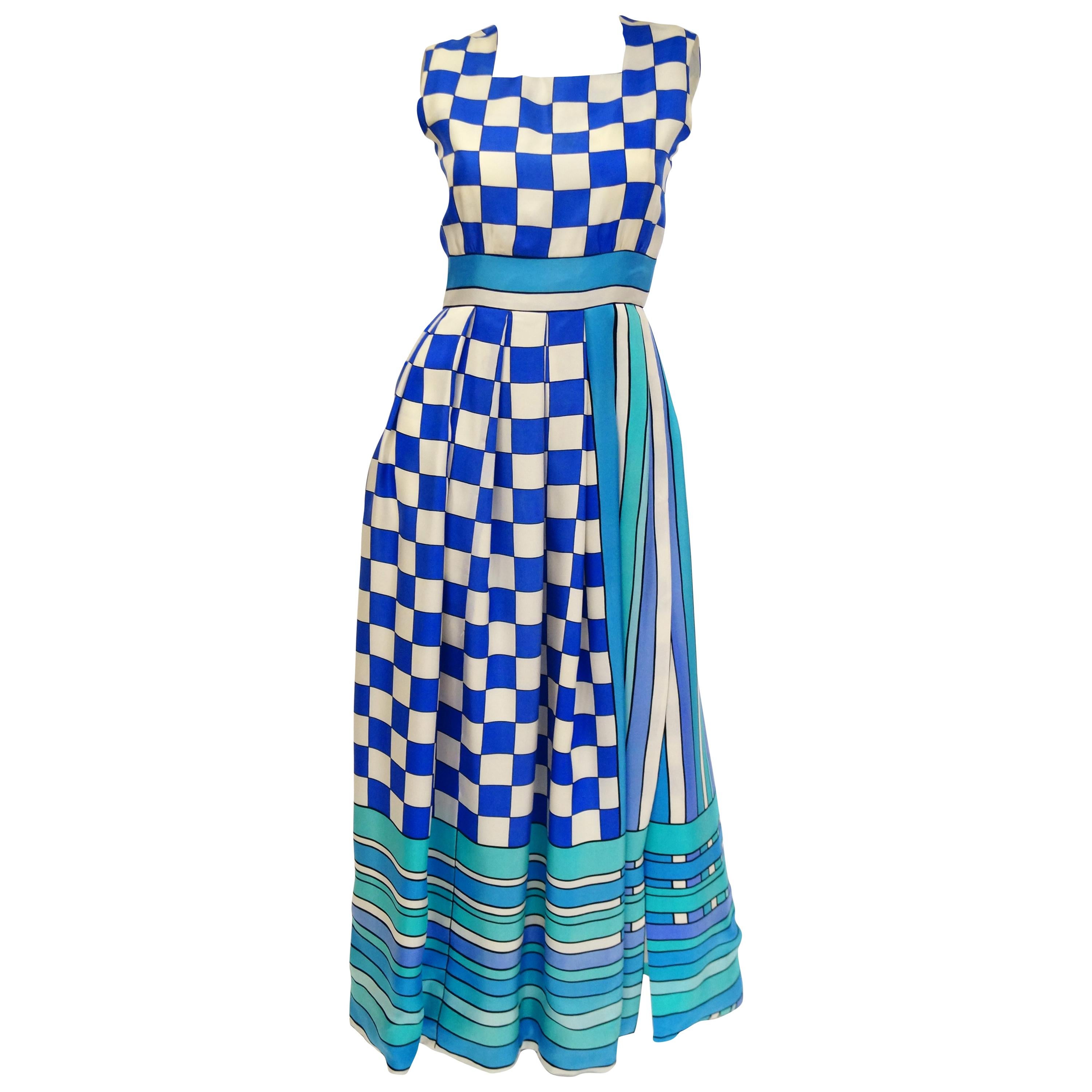 1960s Tina Leser Blue Checkerboard Print Dress with Graphic Blue Hem For Sale