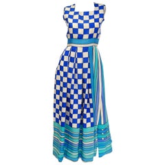 Retro 1960s Tina Leser Blue Checkerboard Print Dress with Graphic Blue Hem