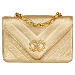 1991 Chanel Gold Chevron Quilted Metallic Lambskin Retro Pearl Mini Flap Bag