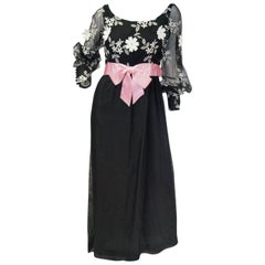 Vintage 1960s Geoffrey Beene Black Evening Dress w/ White Floral Details & Pink Ribbon