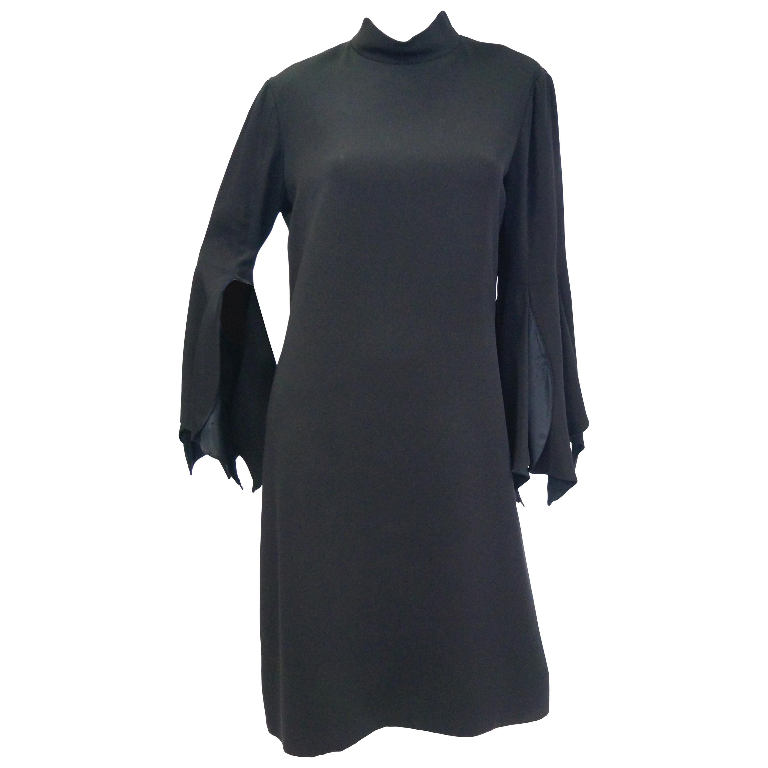 1960s Geoffrey Beene Black Petal Bell Sleeve Cocktail Dress For Sale