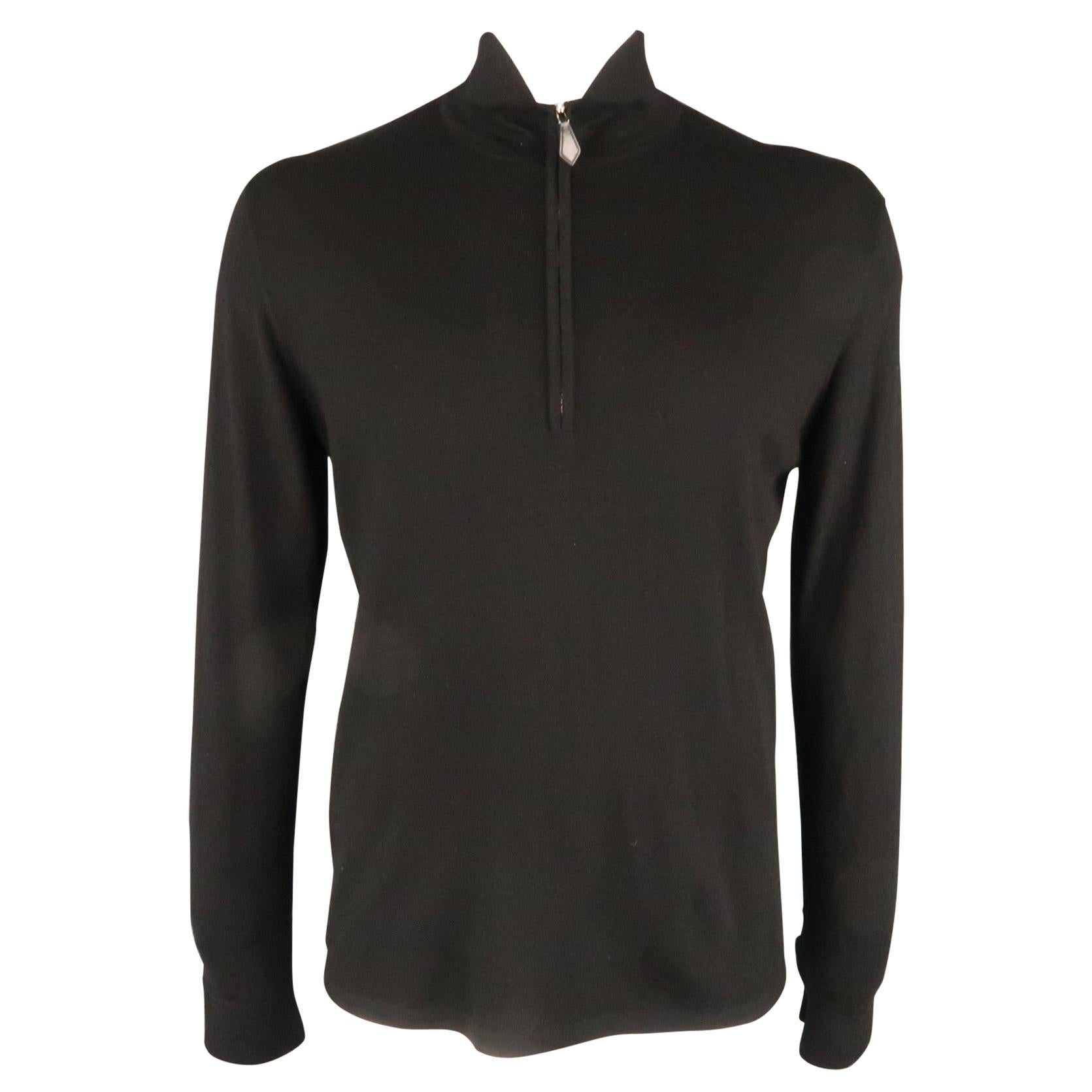 HERMES Size L Black Solid Cashmere / Silk Half Zip Pullover