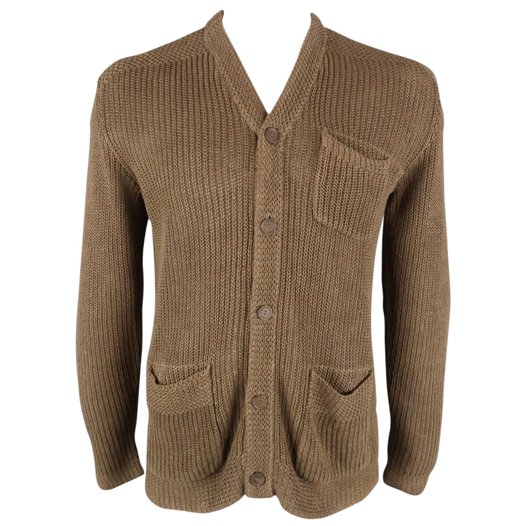 RALPH LAUREN Size L Tan Ribbed Knit Camel Hair Blend Buttoned Cardigan