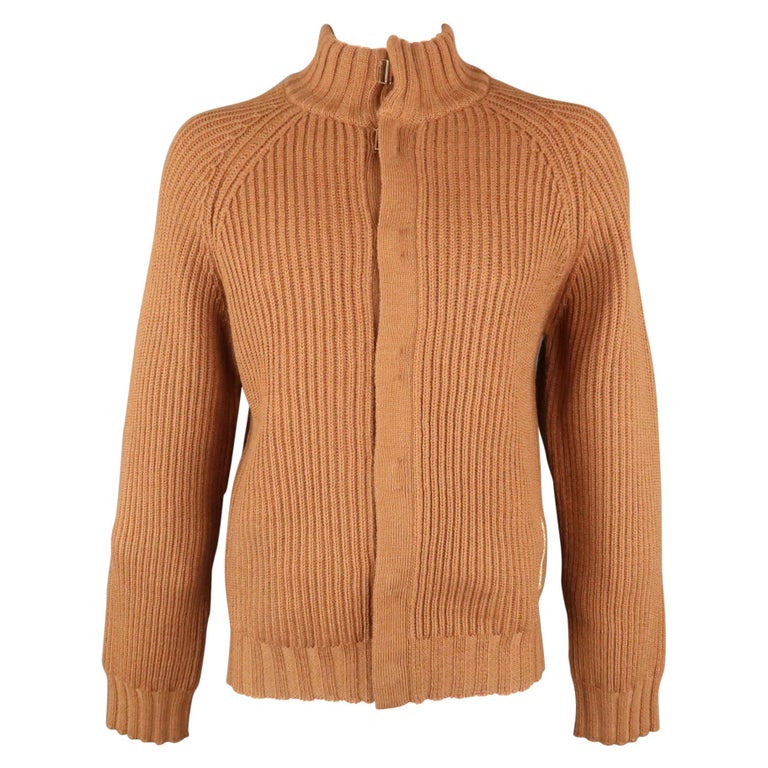 ADOLFO DOMINGUEZ Size L Tan Knitted Wool Hook and Eye Closure Cardigan