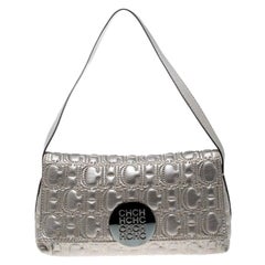 Carolina Herrera Metallic Grey Monogram Leather Shoulder Bag
