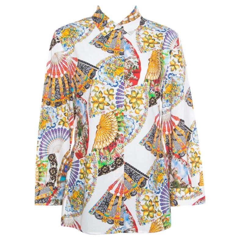 Dolce and Gabbana Multicolor Floral Fans Printed Cotton Poplin Shirt L ...