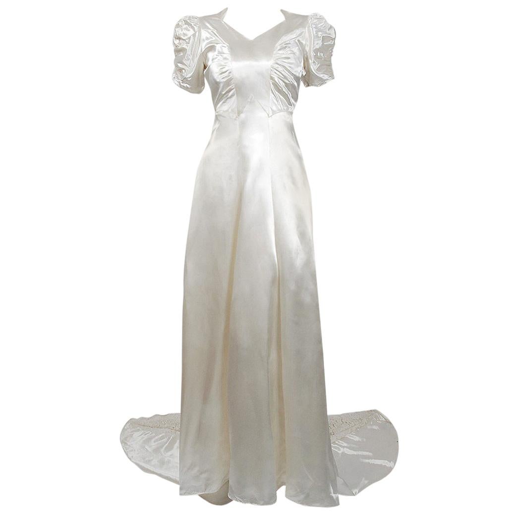 1930's Ivory Satin & Lace Ruched Puff-Sleeve Full Length Trained Bridal Gown
