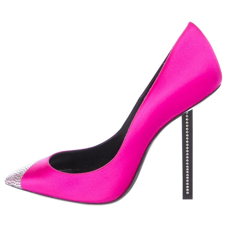 Saint Laurent NEW Hot Pink Fuchsia Satin Crystal Evening Sandals Heels ...