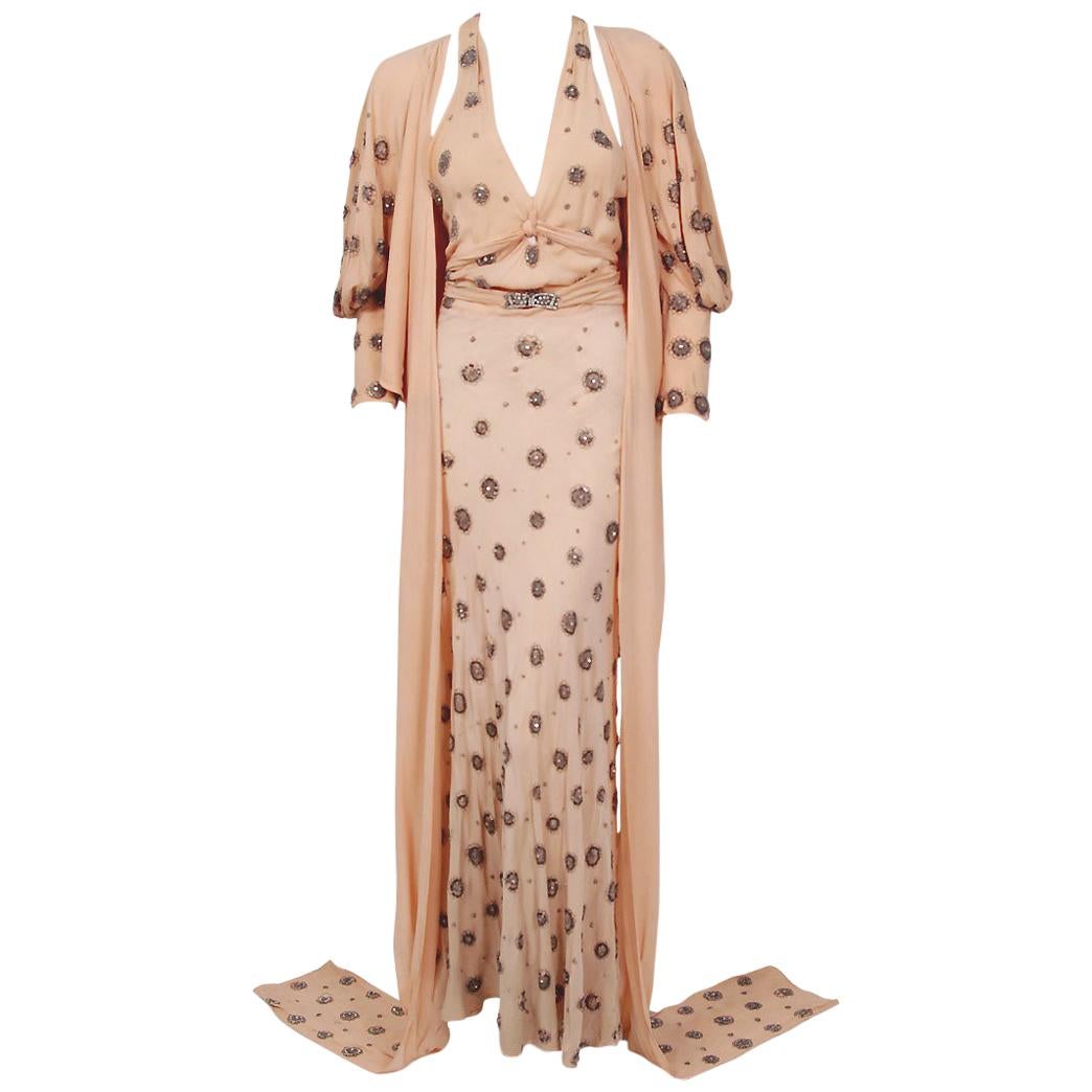 1932 Tallulah Bankhead Movie-Worn Beaded Blush Silk Bias Cut Deco Gown & Jacket