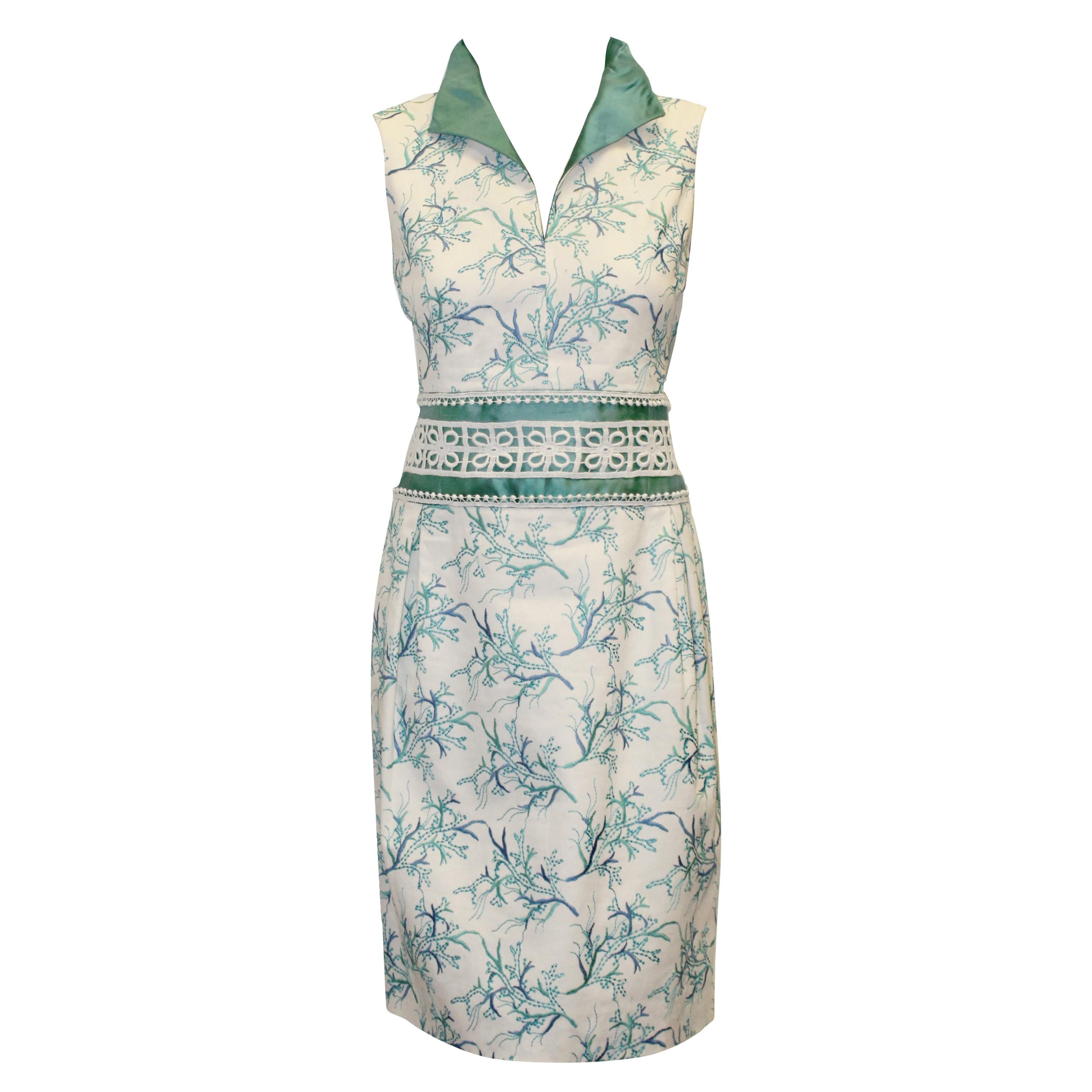Paola Quadretti White & Turquoise Embroidered Dress 