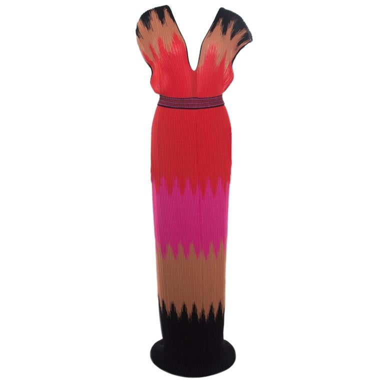 M Missoni Multicolor Pleated Knit Plunge Neck Maxi Dress S