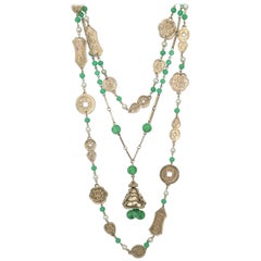 Pair Vintage Asian Gold Tone Chain Necklaces With Jade Glass Bead