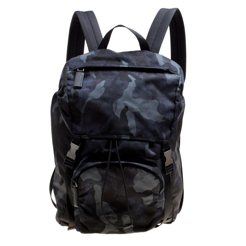 Prada Dark Blue Nylon Camouflage Drawstring Backpack