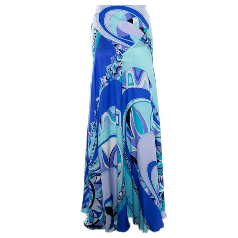 Emilio Pucci Blue Printed Silk Maxi Skirt M For Sale at 1stDibs