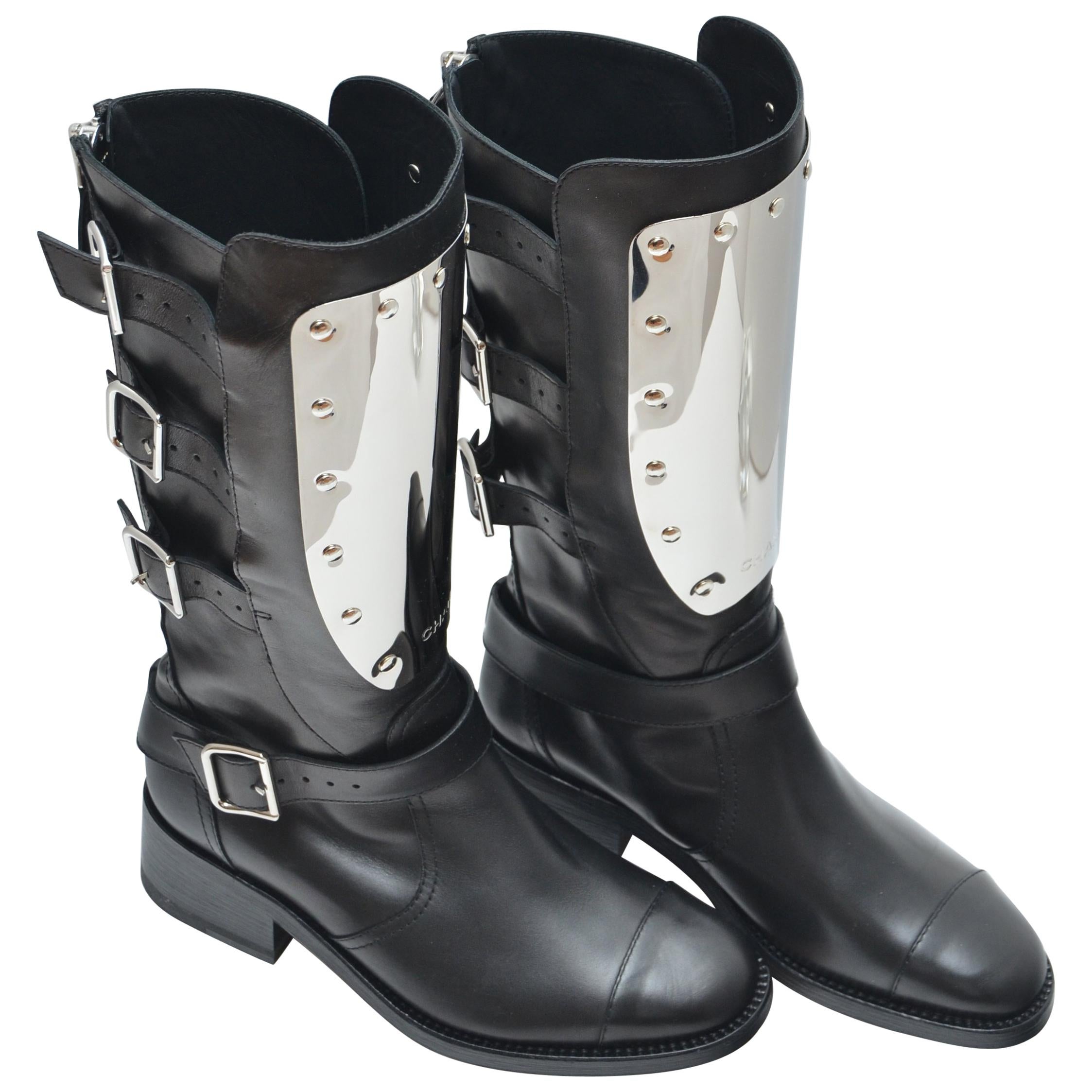 CHANEL Calfskin Biker Boots with Engraved Silver Plate Size 38 NEW For Sale  at 1stDibs