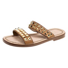 Christian Louboutin Brown Leather Studded Flat Sandals Size 42