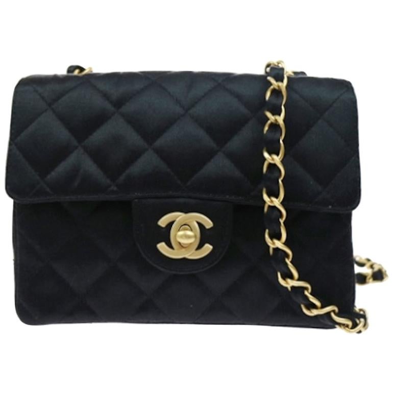 Chanel Black Satin Gold Small Mini Party Crossbody Shoulder Flap Bag