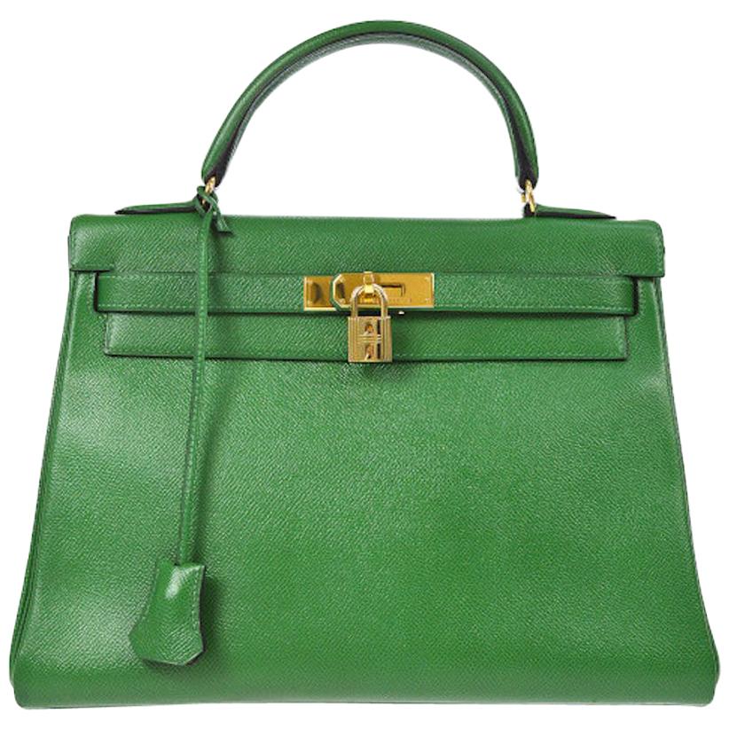 Hermes Kelly 32 Green Leather Gold Top Handle Satchel Shoulder Bag