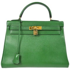 Hermes Kelly 32 Green Leather Gold Top Handle Satchel Shoulder Bag