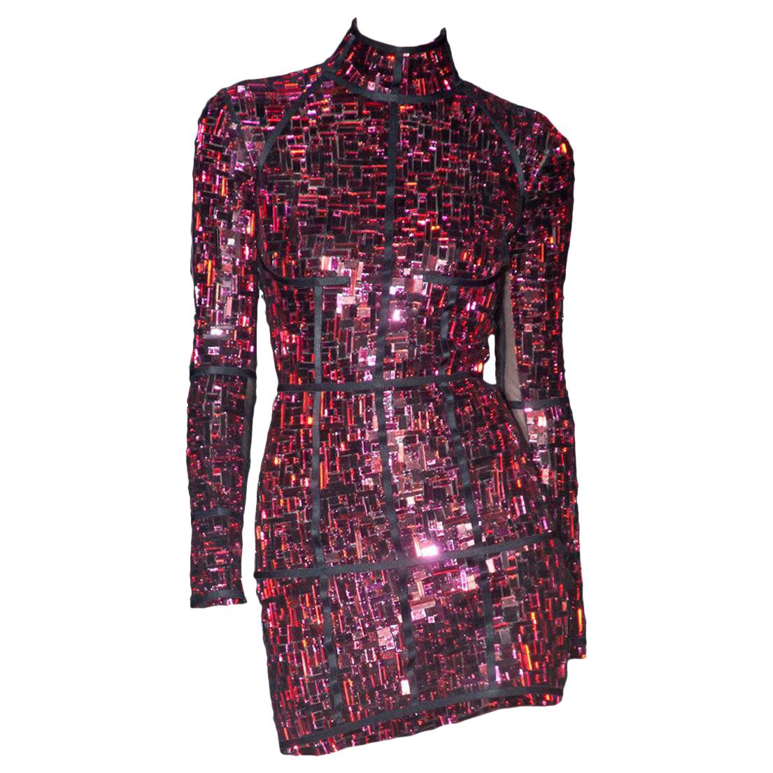 25K TOM FORD BURGUNDY RED MIRROR MOSAIC EMBROIDERY DRESS Size 38