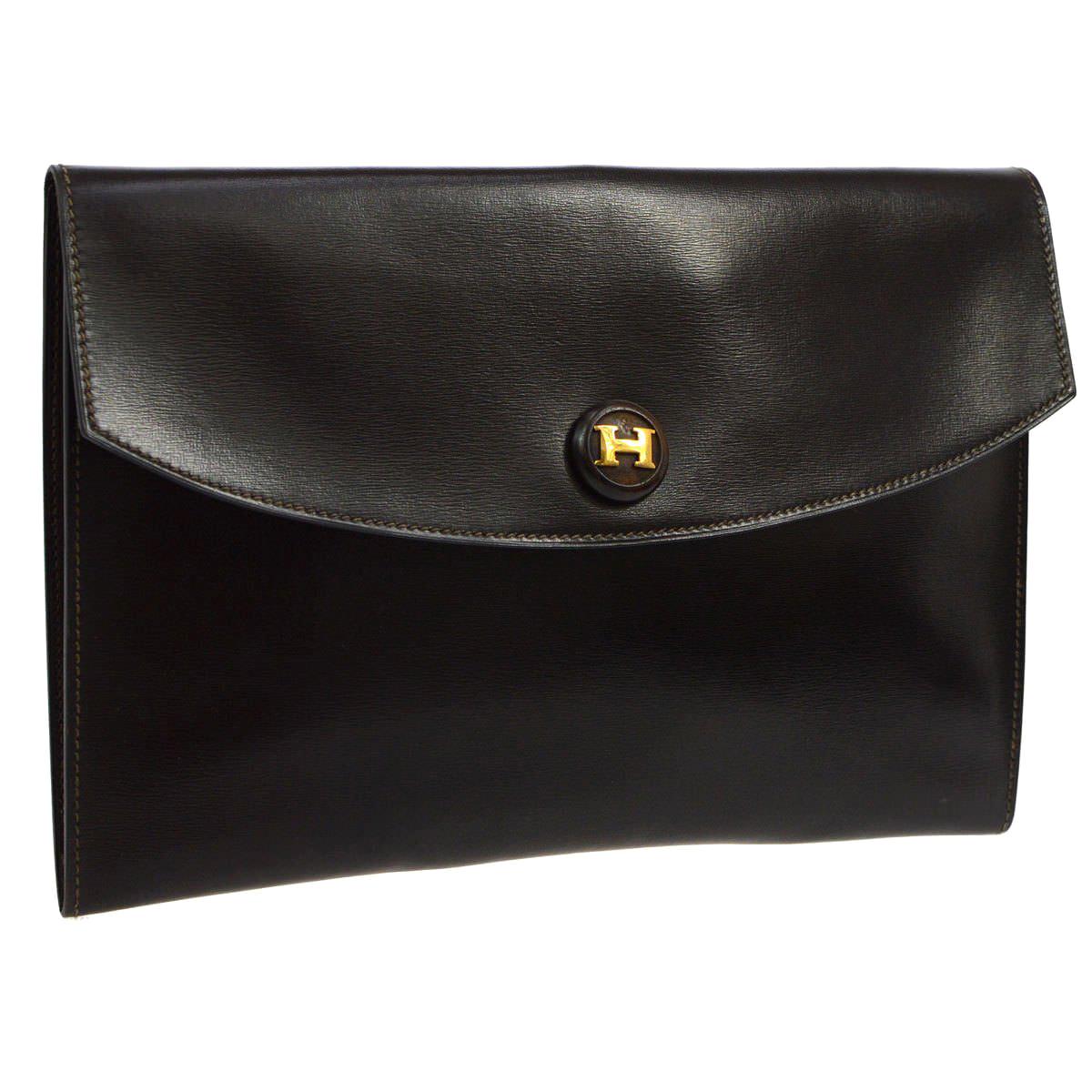 Hermes Chocolate Brown 'H' Charm Leather Evening Envelope Clutch Flap Bag