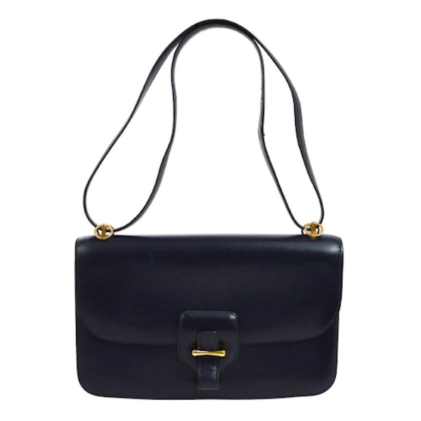 Hermes Blue Leather Gold Evening Top Handle Satchel Shoulder Flap Bag