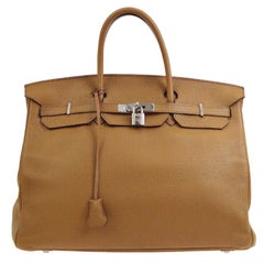 Travel Carryall Top Handle Satchel Tote von Hermes Birkin aus Leder in Taupe und Silber