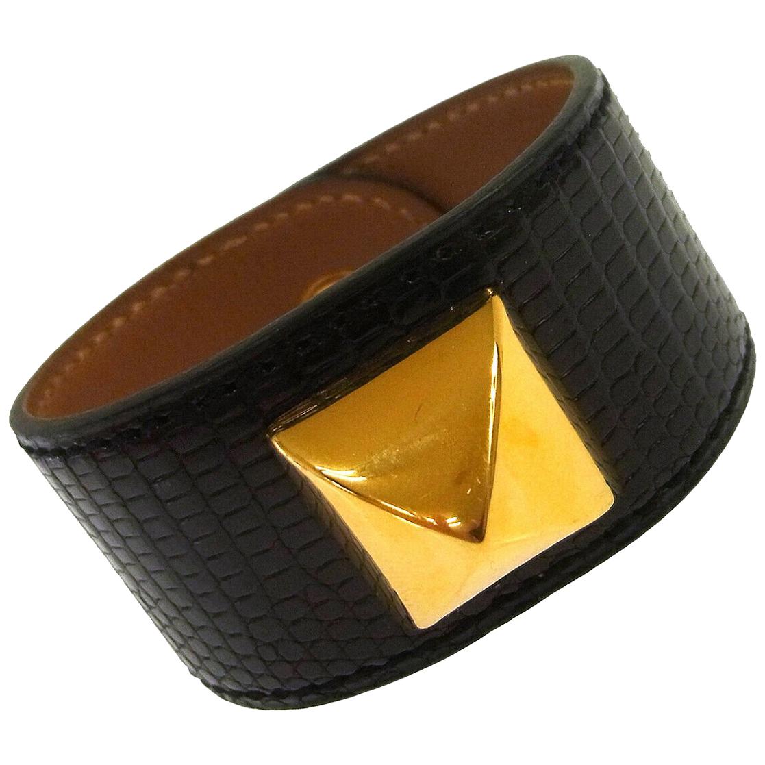 Hermes Black Leather Lizard Gold Stud Men's Women's Evening Cuff Bracelet in Box