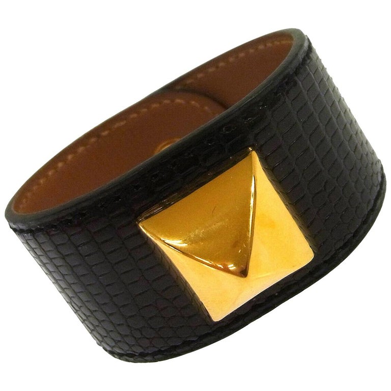 Hermes Black Leather Lizard Gold Stud Men's Women's Evening Cuff