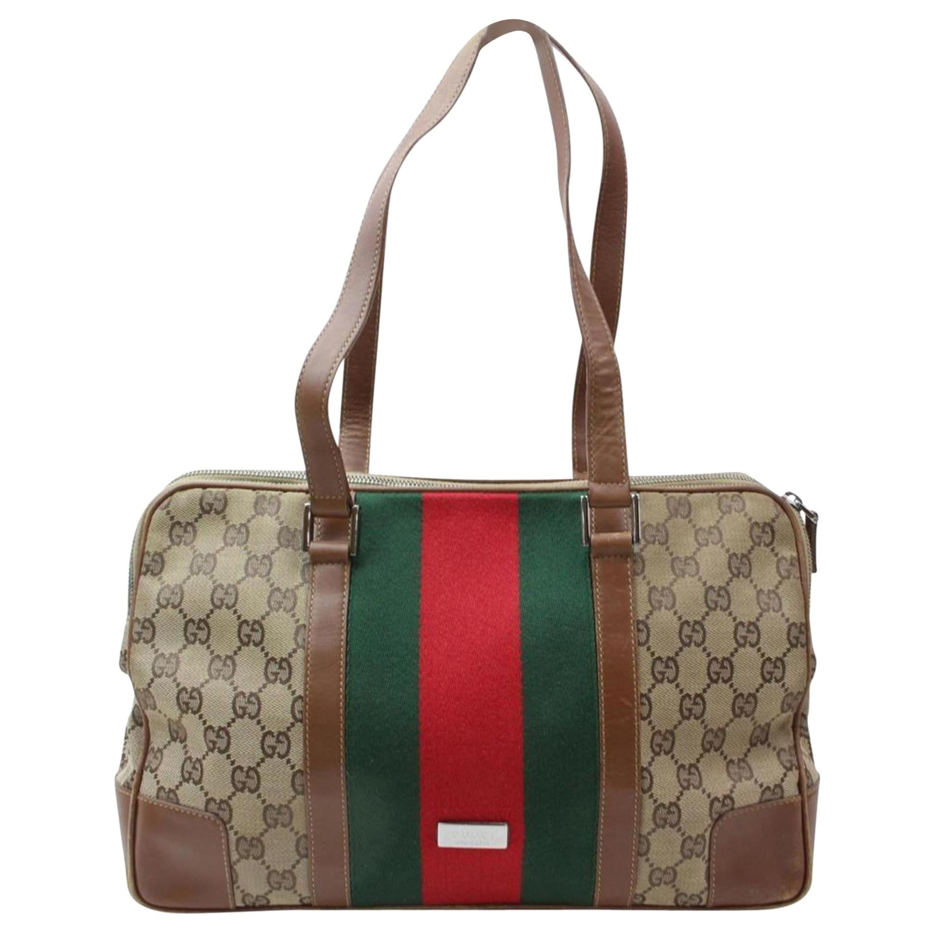 Gucci (Ultra Rare) Sherry Monogram Web Zip Tote 868472 Brown Canvas Shoulder Bag For Sale