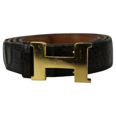 Hermès Ceinture Hejy28 en crocodile marron, boucle or, 24 mm