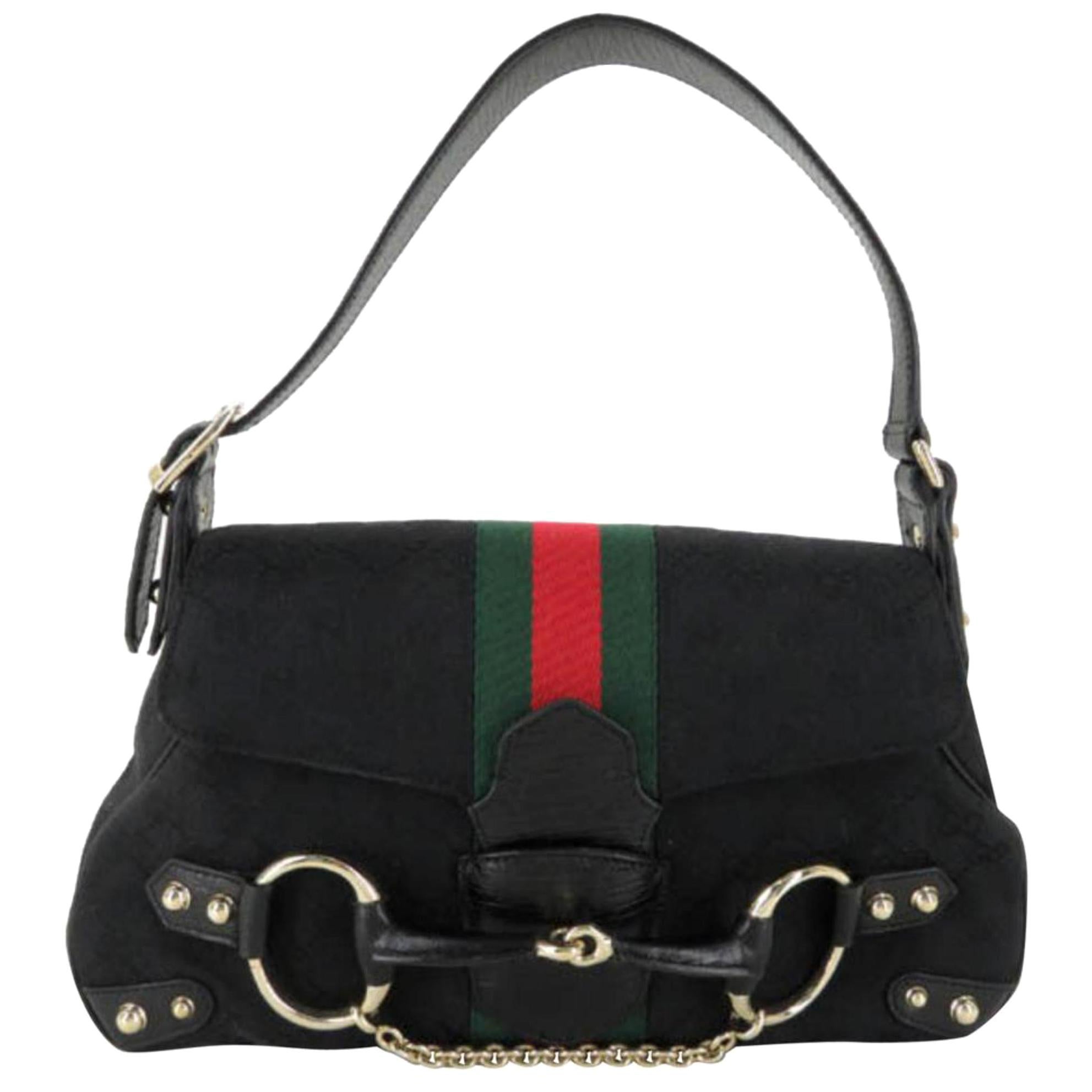 Gucci Horsebit Sherry Web Chain Flap 867901 Black Canvas Shoulder Bag For Sale